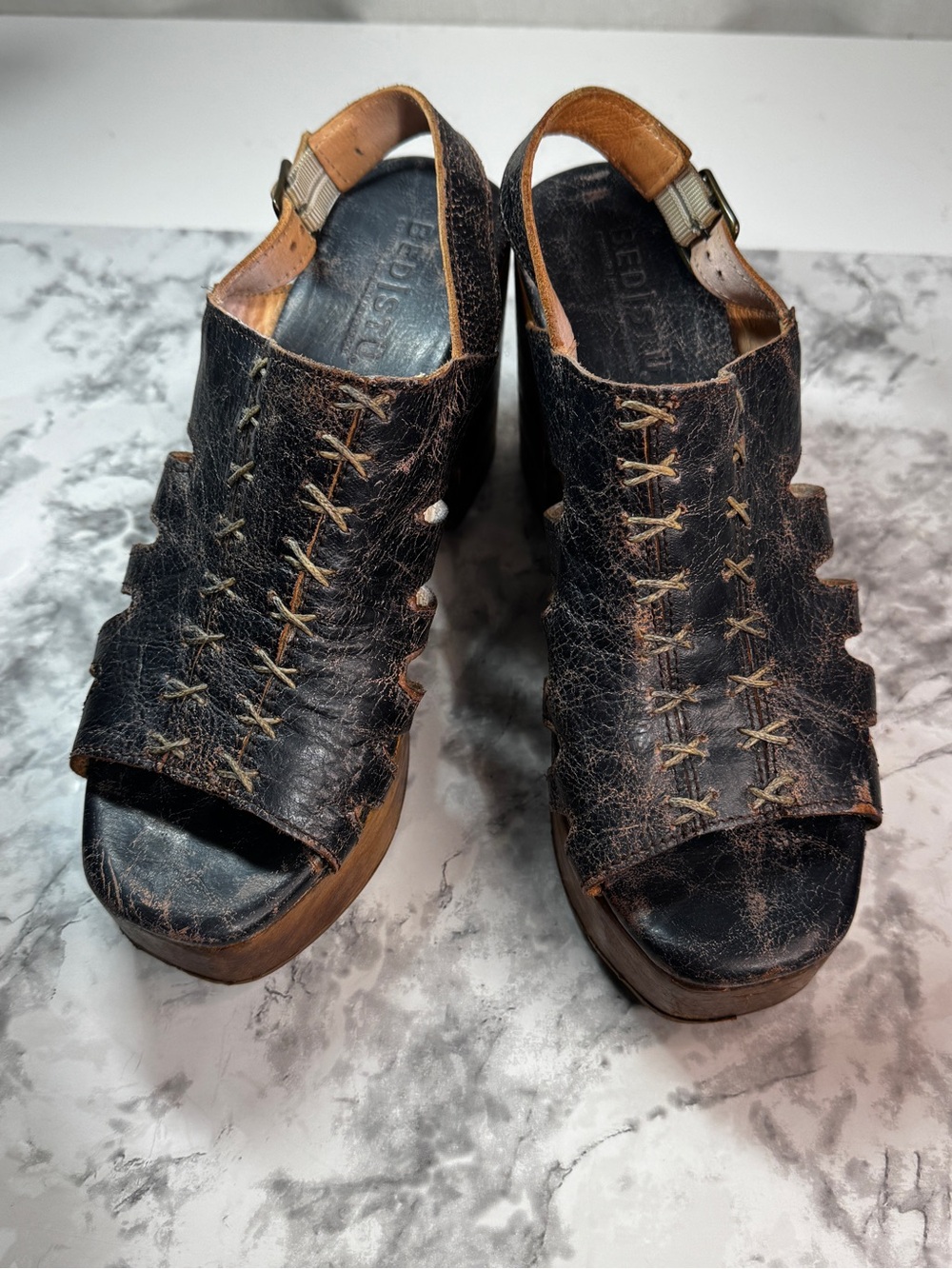 Bed|Stü Women’s Black Leather Slingback Sandals Buckle Block Heel US 8.5 Rustic